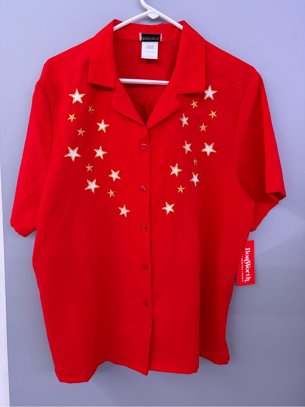 Vintage BonWorth Red Star Embroidered Button-Up Women's Shirt Size Large Petite